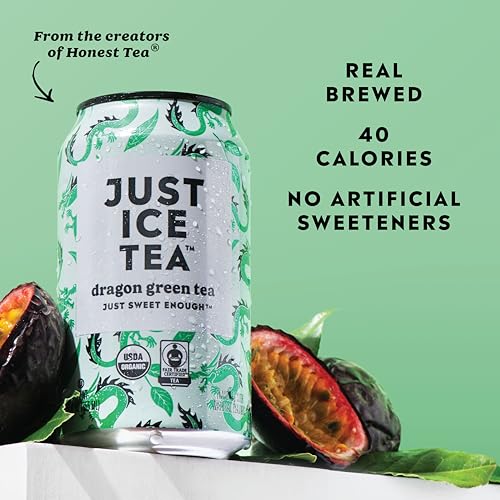 Image of Just Ice Tea, Dragon Green Iced Tea, 12-Pack (12oz Cans), Green Tea, USDA Certified Organic, Real Brewed, Low Calorie, No Artificial Sweeteners, Fair Trade, Made in USA.