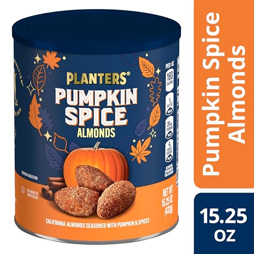 Image of PLANTERS Fall Edition Pumpkin Spice Almonds, Pumpkin Spice Snacks, Cooking & Baking Nuts & Seeds, Flavored Almonds, Seasonal Nuts, Fall Party Snacks, Plant-Based Protein, 15.25 oz Canister (Pack of 2)