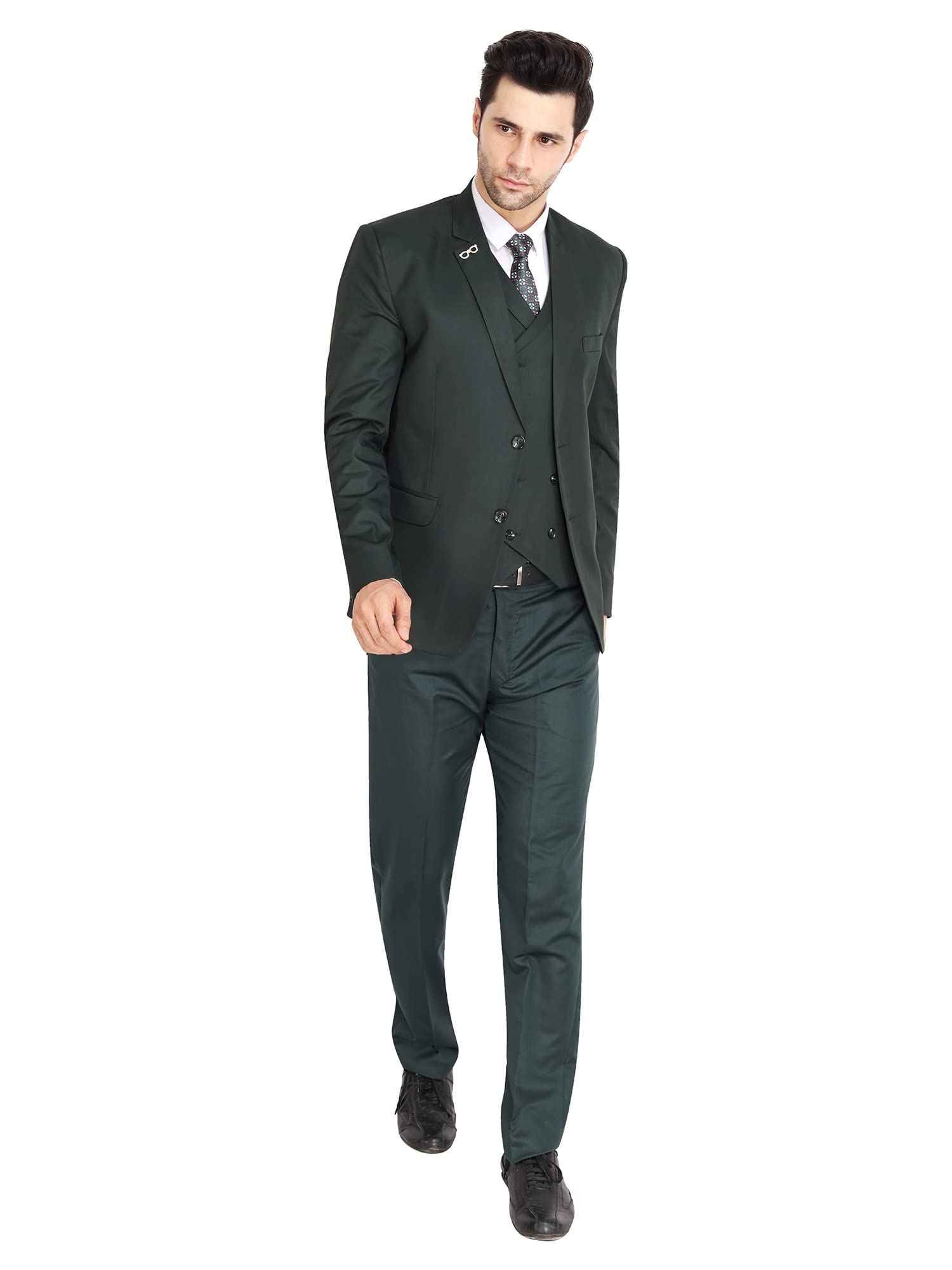 VYOM Enterprise Men's Slim Fit Tuxedo 3 Pieces Suit Set Notch Lapel Suit with Double Breasted Waistcoat Crocodile (42, Black)-picture-13