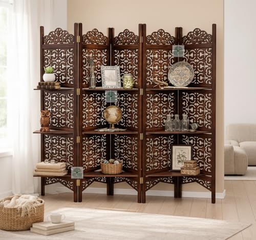 Image of Wooden Room Divider 6 Feet, 5-Panel Folding Wooden Partition for Living Room, Office, Pooja Room, Restaurant, Kitchen & Balcony