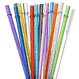 ALINK 12-Pack Reusable Clear Plastic Glitter Straws, 13 inch Extra Long Tumbler Straws for Stanley Cups, 1 Gallon, 64 oz 40 oz 32 oz Water Bottles, Plus Cleaning Brush