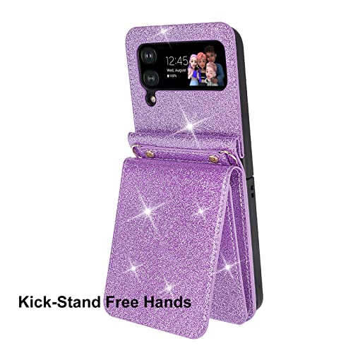 Ksridote Samsung Galaxy Z Flip 4 Case With Card Holder Strap Lanyard, Bling Samsung Z Flip 4 Case Wallet Glitter Galaxy Z Flip 4 Wallet Case Crossbody Phone Case Cover Purse For Women, Purple #TOP3