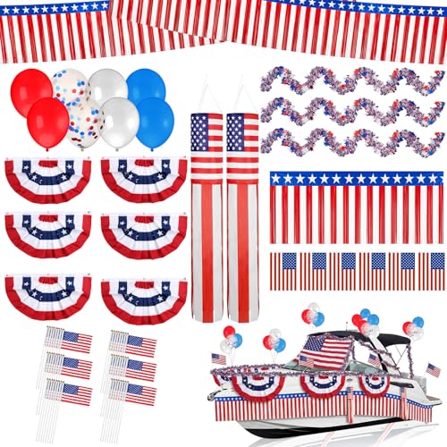 Teyva Daily 110 Pcs 4th of July Boat Decorations Kit Patriotic Parade Float Decoration 250th Anniversary Red White Blue Tinsel Garlands Pleated Fan Flag Balloons Streamer Flags Banner Windsock