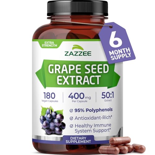 Zazzee High Strength Grape Seed 50:1 Extract, 180 Vegan Capsules, 95% Polyphenols, 400 mg per Capsule, 6 Month Supply, Standardized and Concentrated 50X Extract, Non-GMO, Made in The USA