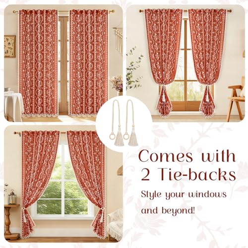 Image of Yinhua Boho Curtains for Living Room 63 Inch Length Vintage Linen Terracotta Curtains Light Filtering Floral Window Curtain Rod Pocket & Back Tabs Farmhouse Tassel Burnt Orange Drapes with Tiebacks