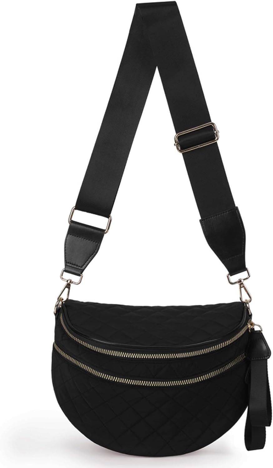 Bum Bags for Women Crossbody, Checkered Crossbody Bag, Nylon Crossbody Bags Fanny Packs Checkered Purse Bag Quilted Black