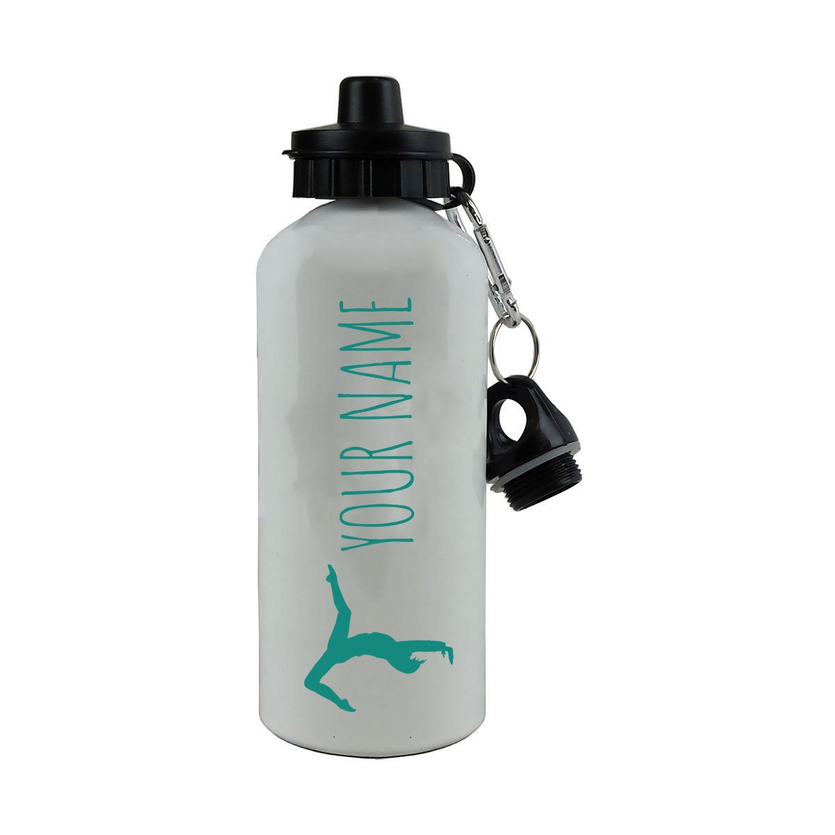 Personalisierte individuelle Gymnastik-Design mit Namen, Aluminium, weißes Finish, 600 ml, Sport-Wasserflasche, anpassbar (Blaugrün)