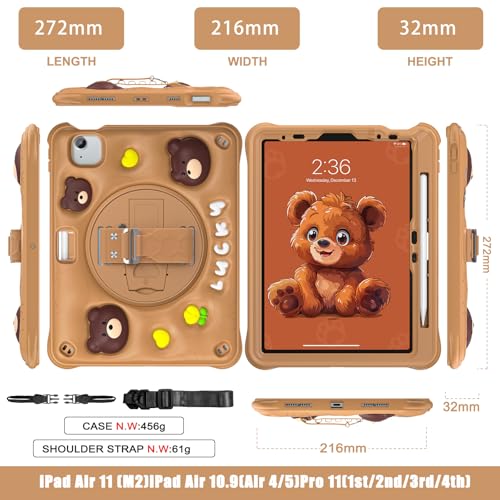 Image of ProElite Cover for iPad Air 11 M4 /M3 /M2 2026 /2025 /2024 / Pro 11 4th /3rd Gen /Air 5 /4 Gen 10.9 inch Case, Tough Bubble Kids Case with Pencil Holder with Rotating Kickstand & Shoulder Strap, Brown
