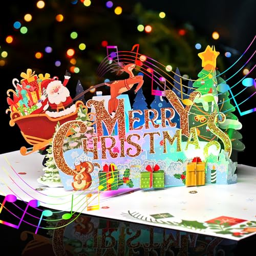 Yinqing Merry Christmas Cards, Light and Music Christmas Card, 3D Pop Up Xmas Greeting Card for Women Men Kids Husband Wife Mom Dad Daughter