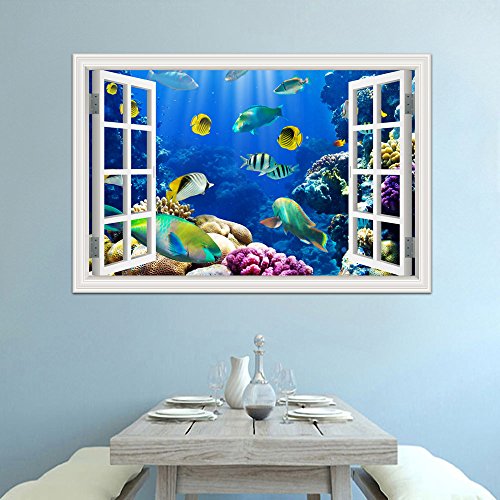 Peel And Stick Window View Under The Sea Tropical Fishes Wall Murals 3D Decals Kids Room Home Decor Removable Sticker Undersea World 32X48 Inches #TOP1
