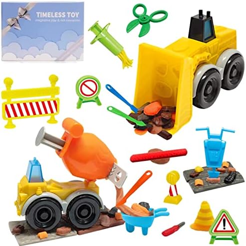 Jaeespon Car Dough Tool Play for Kids, Bulldozer and Cement Mixer Dough Set Construction Toy with Car Accessories Roller Scissor More and Storage Box, Best Toys Gift for Age 3+