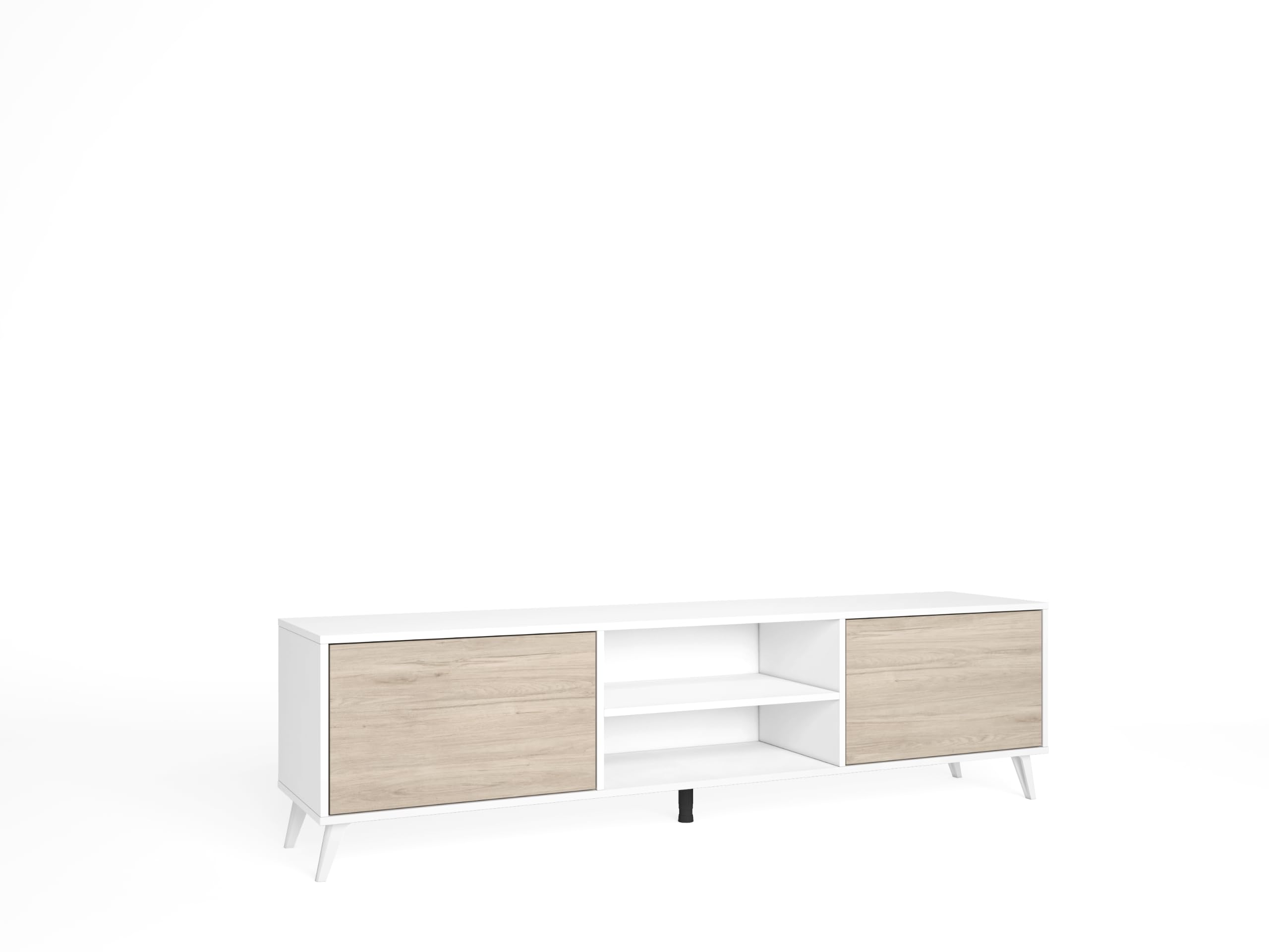 Meuble TV avec 2 Portes et 2 Compartiments pour Salon, Chambre. Dimensions : 180 x 49 x 39,6 cm (Largeur x Hauteur x Profondeur). Finitions Blanc Mat et Sable.