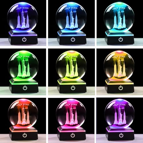 Image of 3D Crystal Ball New York City Snow Globe Statue of Liberty Souvenir Empire State Building Gifts for Women Men Adults with LED Base Night Light Decor Glass NYC Figurines Globe for Christmas