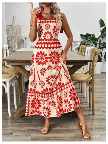 Image of Floerns Women's Vintage Sleeveless Tie Shoulder Sundress Floral Print Cami Maxi Dress