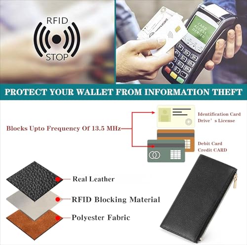 Slim Genuine Leather Wallet for Women RFID Blocking Bifold Credit Card Holder with Zip Pocket Blue (Black)4