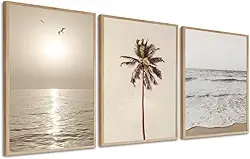 Quadro Decorativo Praia Coqueiro Mar Paisagem passaro Sala Quarto bege clean Com Moldura vidro (Madeira, 40x60)