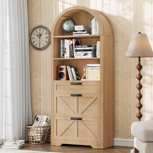 Image of Vabches 71 inch Tall Arched Bookcase with File Cabinet Drawers, Natrual | Farmhouse Freestanding Wooden Bookshelf, 3-Tier Large Open Display Storage Shelves for Home Office Living Room
