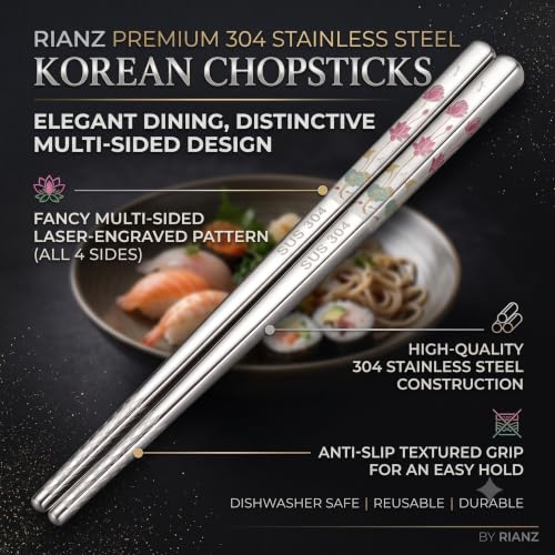 Image of RIANZ Metal Chopsticks Reusable Dishwasher Safe, Chinese Japanese Korean 316 Stainless Steel Chopstick, Square Fancy Color Laser Engraved Chopstick for Cooking Eating, Non-Slip 1 Pair (Style 3)