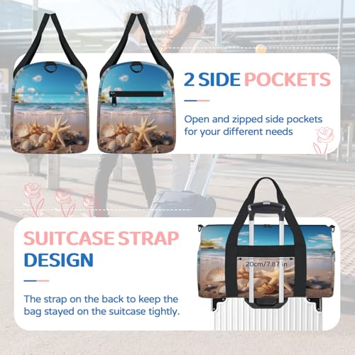 Beach Starfish Shells In Summer Sports Duffle Bag for Women Men Waterproof Overnight Weekender Bag with Adjustable Strap Travel Tote Bags for Beach Yoga Work Dance Swim4