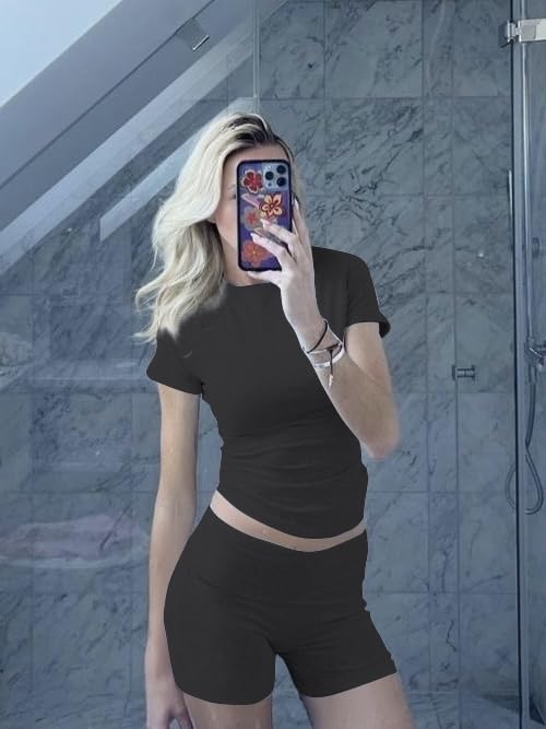 Image of AYWA Women's Two Piece Sets Summer Slim Fitted Short Sleeve Tops Foldover Shorts Matching Lounge Sets