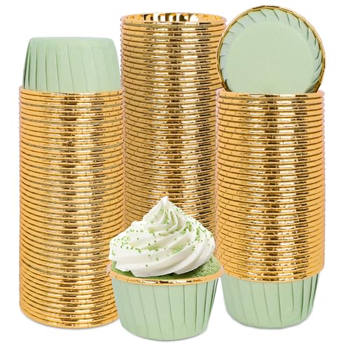 Whaline 100Pcs Sage Green Foil Cupcake Liners Green Baking Cup Foil Metallic Muffin Liners Cupcake Wrappers for Wedding Bridal Shower Birthday Party Supplies