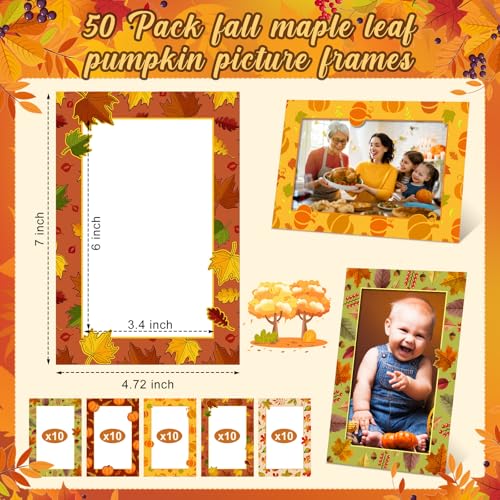 Image of AmazingSpark 50 Pack Paper Photo Frames, Fall Pumpkin Leaves | 50 Stands Included, Thanksgiving Harvest Theme, Classroom Camping Party Decor, Festive Pumpkin Maple Leaf Border Design