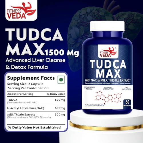 Image of Fitness Veda TUDCA MAX 1500 mg Capsules Liver Cleanse Detox Health Supplement | Advanced Liver Support Formula | Bile Acid Flow Support | TUDCA , NAC ( N Acetyl Cysteine) | Milk Thistle Extract ( Silybum Marianum ) | Delivering a total of 1500 mg of active ingredients per serving - Pack of 1