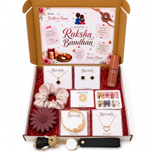 Image of Personalized Raksha Bandhan Gift Hamper for Sister with Name, 10 Items | Rakhi Gift Set with 5 Anti-Tarnish Jewellery Pieces, Hair Accessories, Lip Gloss and Keychain