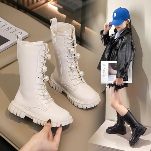 TangDao Little Girls Knitted Leather Lace-Up Knee High Winter Boots Fashion Black Mid Calf Combat Riding Boots (Toddler/Little Kid/Big Kid)2