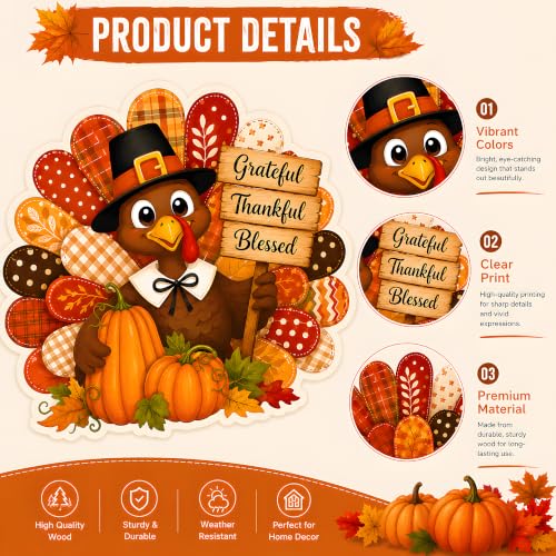 Image of Thanksgiving Decorations - Hanging Wooden Sign for Front Door | Turkey Pumpkin Door Wreath Sign for Friendsgiving Decorations | Thanksgiving Party Favors Supplies for Home Door Wall Decor