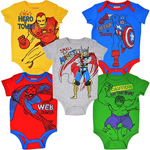 Image of Marvel Avengers Spider-Man Iron Man Hulk Captain America Baby 5 Pack Bodysuits Newborn to Infant