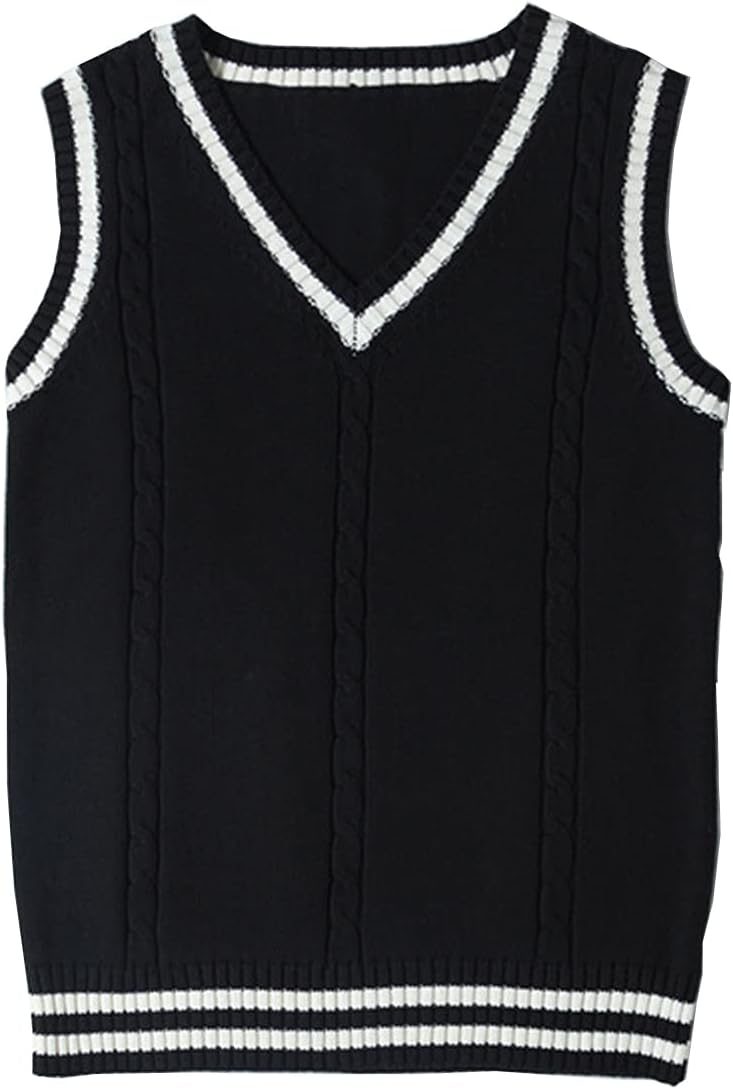 Blostirno Women’s Sweater Vest V Neck JK Uniform Kint Vests Solid Classic Sleeveless Pullover Sweaters Tops
