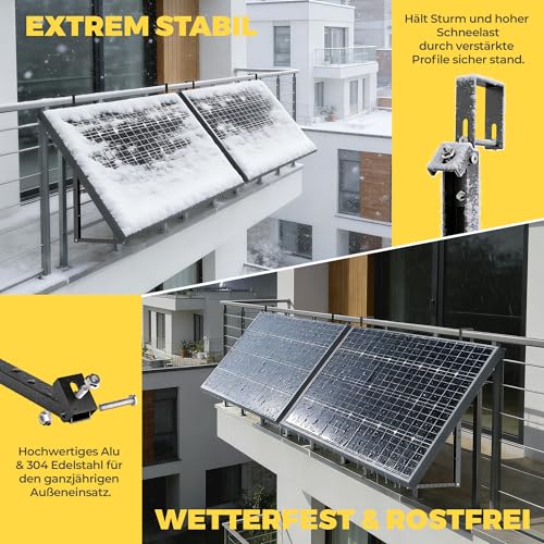 GLIESE Balkonkraftwerk Halterung für 400W-550W Solarmodule - 15°-45° verstellbar aus stabilem Aluminium, inkl. Haken für Quadratprofil-Geländer - Für Balkon, Flachdach, Wand (Schwarz)