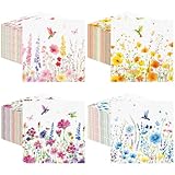 Fulmoon 200 Pieces Spring Flower Cocktail Napkins Disposable Floral Paper Dinner Napkins Wildflower Hummingbird Beverage Hand Towel for Spring Summer Tea Party Decor