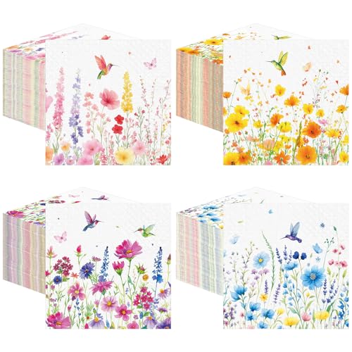 Fulmoon 200 Pieces Spring Flower Cocktail Napkins Disposable Floral Paper Dinner Napkins Wildflower Hummingbird Beverage Hand Towel for Spring Summer Tea Party Decor