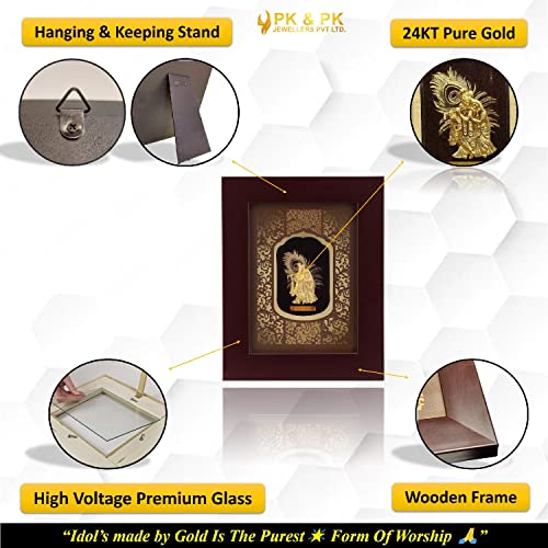 Image of Pk & Pk Jewellers Lord Radha Krishna with Peacock Feather | 24KT Gold Frame | Solid Carving Collection | Small Size [17x22 cm] (For Premium Gift, Temple, Table Decor, Home Decoration)