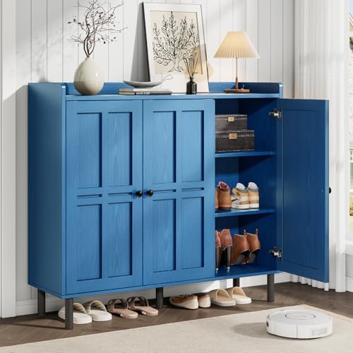 Image of ONBRILL Shoe Cabinet with 3 Doors and Adjustable Shelves, 30 Pairs Shoe Storage Cabinet, 40 Inch Tall Farmhouse Shoe Rack Shoe Organizer Cabinet for Entryway Living Room Closet, Blue