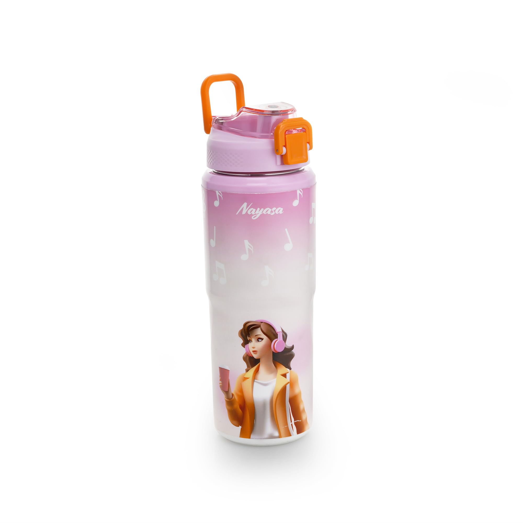 Nayasa Duo-Sip Water Bottle – 730ml | Music Theme | BPA-Free, Dual Drinking Modes | Leak-Proof Insulated Steel Inner | For School, Office, Gym & Travel | Pink-image-2