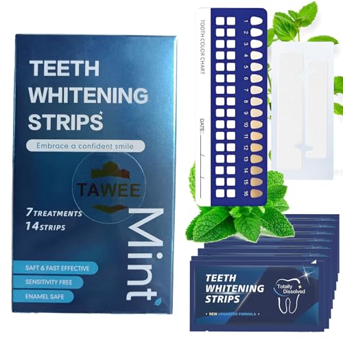 TAWEE Teeth Whitening Strips Peroxide Free Enamel Safe for Sensitive Tooth 14 Whitening Strips Whitens Teeth & Removes Yellow Stains 7 Treatments Each with 1 Upper/1 Lower Mint Flavor