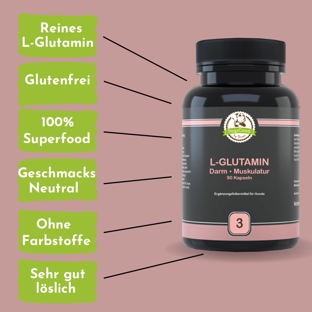 L-Glutamin für Hunde - 2X 90 Kapseln für bis zu 6 Monate - Aminosäuren wie Glutamin können dabei unterstützen, das Immunsystem zu stärken, ohne unerwünschte Zusätze, Aromen oder Farbstoffe