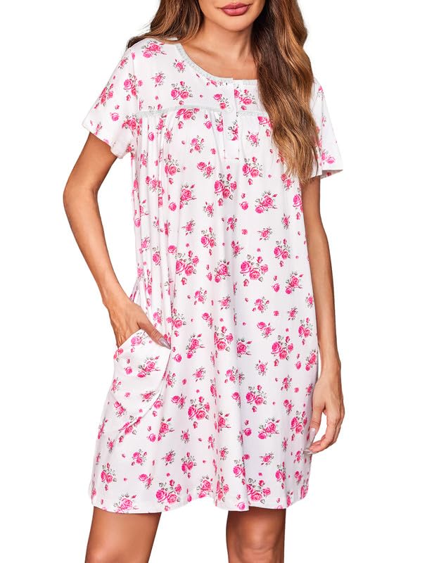 EkouaerWomen Nightgowns Short Sleeve Sleepwear Soft Pajama Dress Sleep Shirt Nightshirt S-2XL