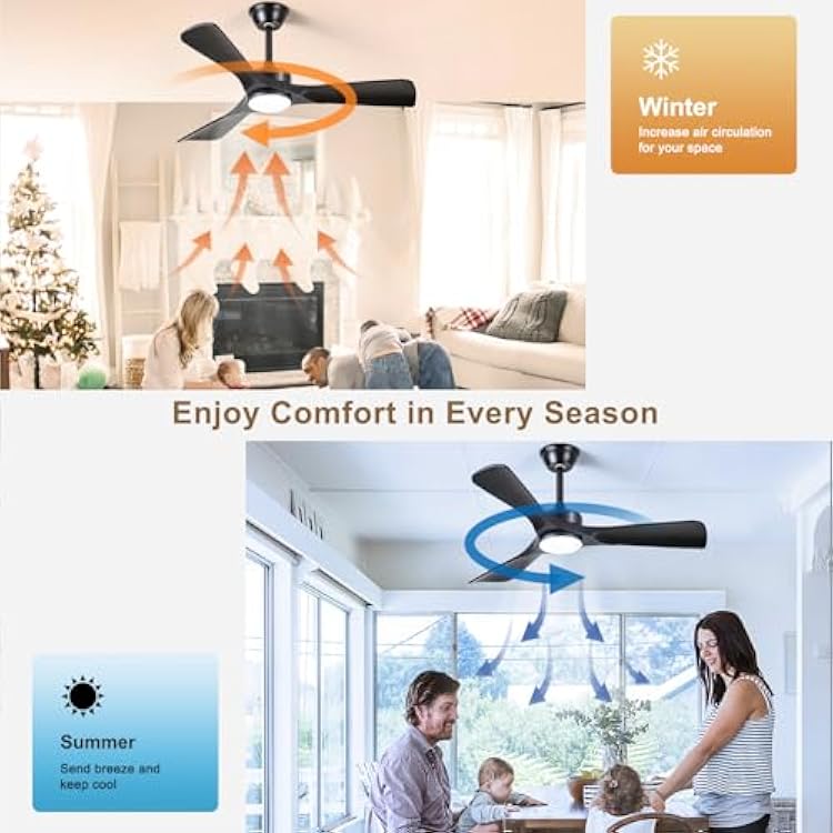 Black Ceiling Fan with Light: 42-Inch Ceiling Fan 3 Blades Low Profile Outdoor - Modern Ceiling Fans with Remote APP Control Quiet Reversible DC Motor for Patio Living Room