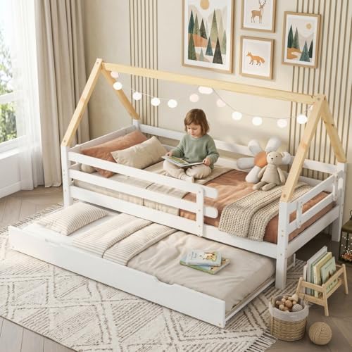 Lexiou Estructura Cama, Diseño Multifuncional con Brochadora，Cama Doble, 90 x 200 y 90 x 190 cm，Apto para Niños o Adolescentes.