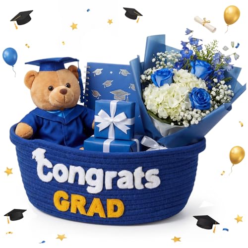 Yungyan Class of 2026 Graduation Gift Basket Empty Small Cute Woven Rope Basket with Congrats Grad Words 12 x 8 x 5 Inch Decorative Graduation Gift Storage Baskets for College University PHD(Blue)