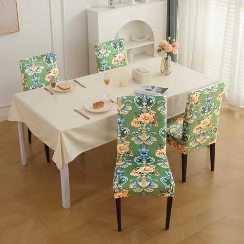 Image of HOKIPO Premium Printed Velvet Chair Cover Set of 4 for Dining Table, Green Victorian Garden (AR-5794-D4*4)