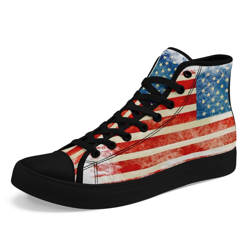 Onegam American Flag High Top Canvas Shoes, USA Flag Fashion Sneakers Lightweight Lace-Up Casual Walking Shoes for Women & Men