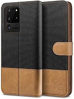 BEZ Case for Samsung S20 Ultra Case, Flip Phone Case Compatible for Samsung Galaxy S20 Ultra 5G, Wallet Cover [Canvas Faux Leather] with Credit Card Holders, Kick Stand, Magnetic Strap Closure, Black