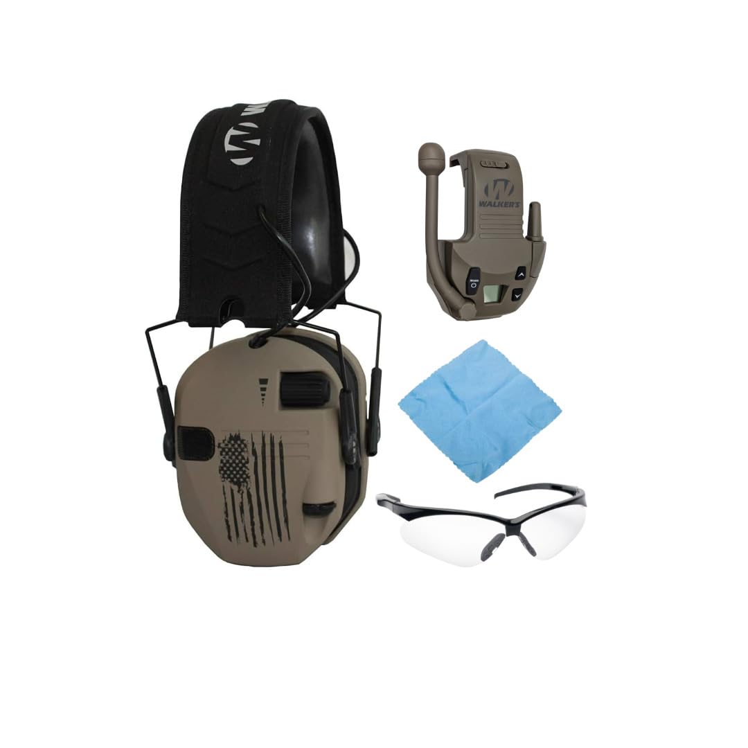 Walker's Razor Digital Electronic Ear Muff (US Flag-FDE) Bundle with 22-Channel Walkie Talkie Attachment (Flat Dark Earth), Sport Glasses (Clear), and Microfiber Cleaning Cloth (4 Items)
