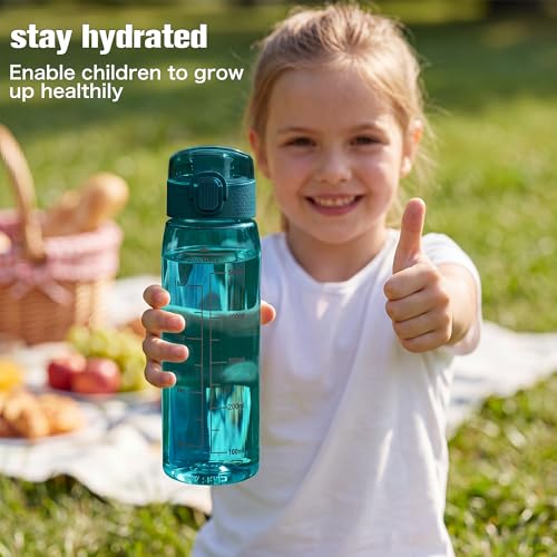 Image of GOPPUS 20oz Kids Water Bottle with Time Marker & Handle, Tritan BPA-Free, Reusable Leakproof Anti-Dust Everyday, Clear Kids Water Bottles For School,Car Travel, Gifts Boys Girls(Dark Green)
