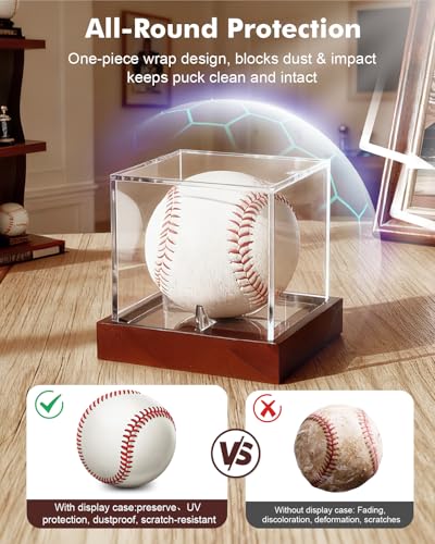 Image of Fitense Clear Acrylic UV-Protected Sports Display Case with Solid Wood Base for Autographed Memorabilia, Baseball